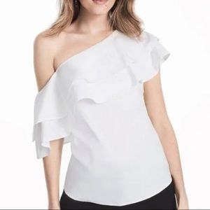 10 Whitehouse Black Market “ruffle one shoulder poplin top” Worn once. Like new!